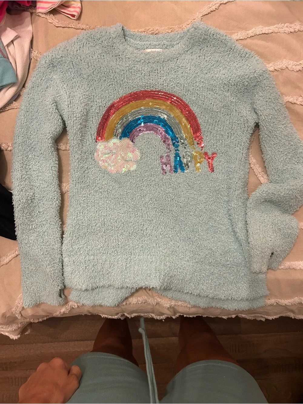 Justice Light Blue Fuzzy Sweater with Sequin Rainbow